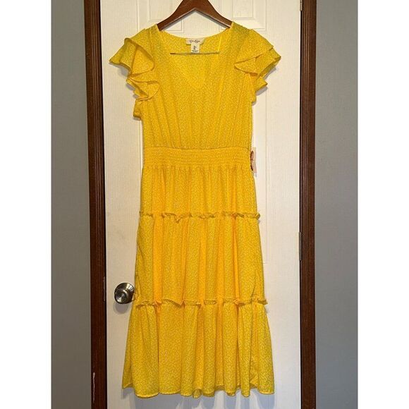 NWT Jessica Simpson Yellow Ruffle Smocked Waist Maxi Dress Size Large - Picture 1 of 12